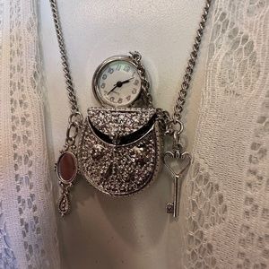 Fancy Silver Purse Watch Necklace with Key and Mirror, Working Watch Necklace